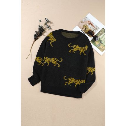 Black Cheetah Pattern Knit Round Neck Sweater