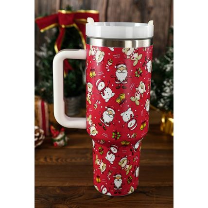 Fiery Red Christmas Pattern Print Handled Stainless Steel Tumblers