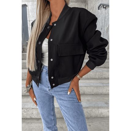 Black Big Pockets Baseball Collar Jacket