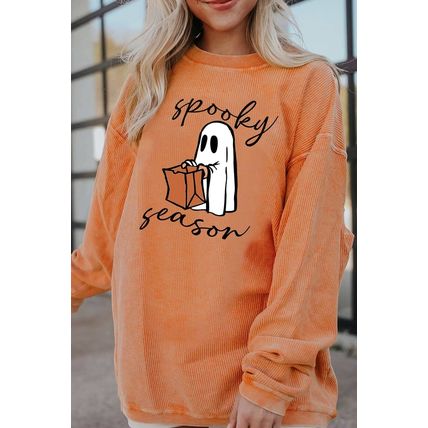 Orange Spooky Season Ghost Print Ribbed Pullover Sweatshirt