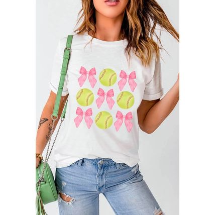 White Bow Tie Baseball Print Round Neck Casual Tee