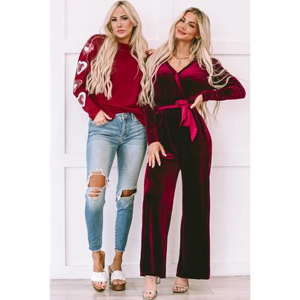 Red Sequined Heart Printed Sleeves Valentine Fashion Top