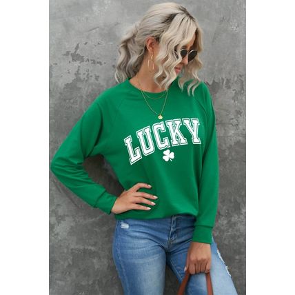 Green St. Patricks LUCKY Clover Print Raglan Sleeve Sweatshirt