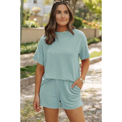 Iceland Blue Ribbed Textured Knit Loose Fit Tee and Shorts Set