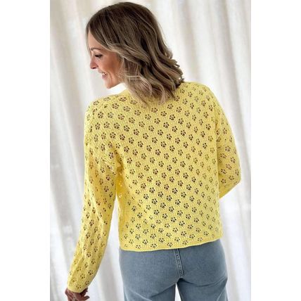 Yellow Pointelle Knit V Neck Sweater Cardigan