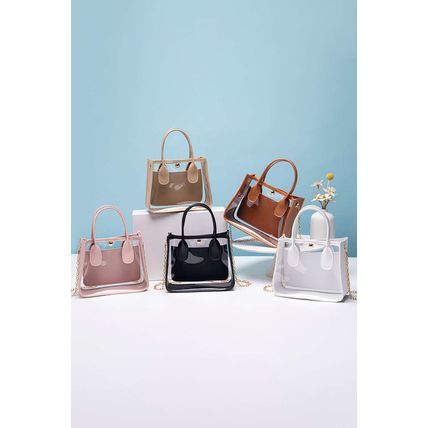 Black PVC PU Leather Patchwork Chain Strap Shoulder Bag