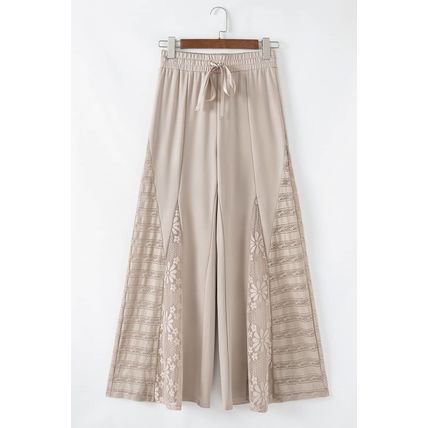 Smoke Gray Boho Lace Patchwork Wide Leg High Waist Pants