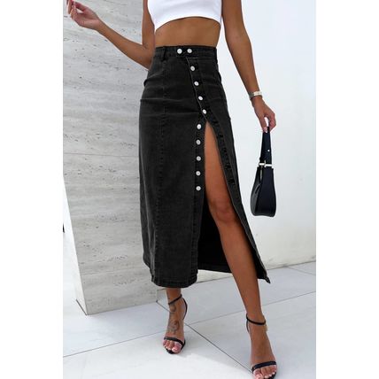 Black Button Fly Side Split High Waist Denim Midi Skirt