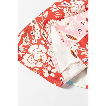 Red Colorful Floral Patchwork Long Sleeve Pleated Mini Dress