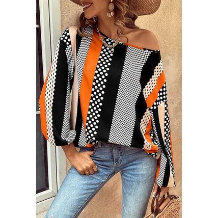 Orange Polka Dot Vertical Striped Printed Puff Sleeve Blouse