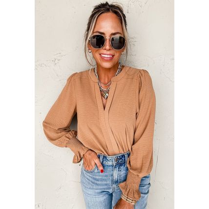 Straw Yellow Solid Color Shirred Cuff Notch V Neck Blouse