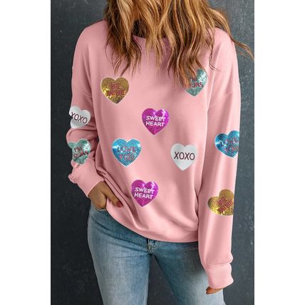 Pink Sequin Romantic Letters Heart Graphic Valentines Sweatshirt
