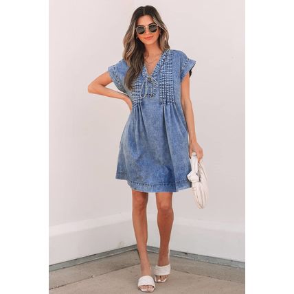 Beau Blue Tie V Neck Tucking Detail Short Sleeve Denim Shift Dress