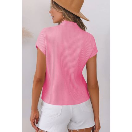 Pink Sequin Bunny Doll Graphic Ribbed High Neck Short Sleeve Sweater
