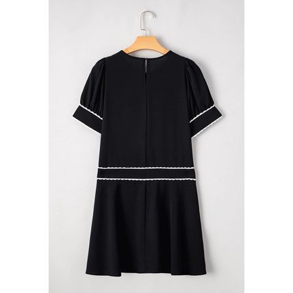 Black Contrast Scallop Trim Bow Detail Half Sleeve Shift Dress