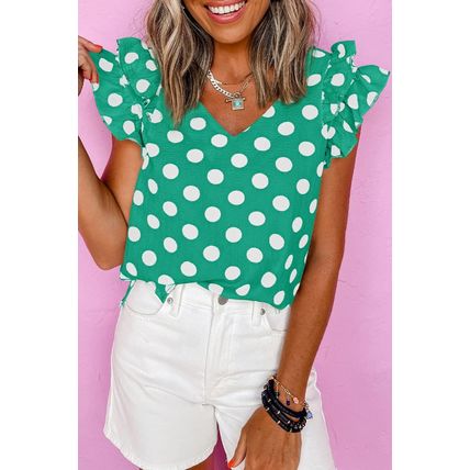 Green Polka Dot Print Ruffled Sleeve V Neck Blouse