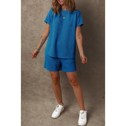 Bluing Solid Textured Crew Neck Short Set