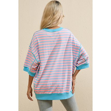 Pink Stripe Easter Rabbit Graphic Contrast Banded Drop Shoulder Tee