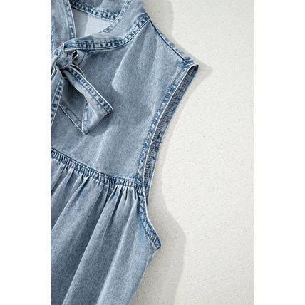 Real Teal Bowknot Neck Sleeveless Ruffled Chambray Dress