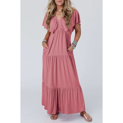 Rose Pink Textured V Neck Flutter Sleeve Ruffled Maxi Dress