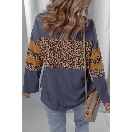Dark Blue Leopard Colorblock Patchwork Long Sleeve Drop Shoulder Top