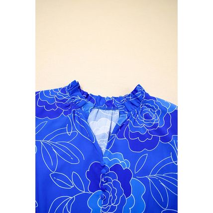 Blue Floral Ruffled Hem V Neck Short Sleeve Flowy Mini Dress