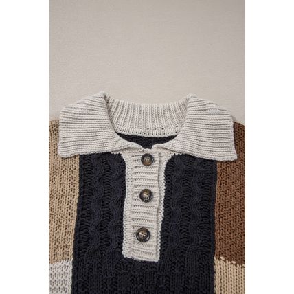 Multicolour Color Block Cable Knit Sleeve Buttons Collared Sweater