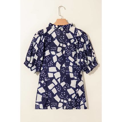 Blue Abstract Print Frilled Puff Sleeve V Neck Blouse