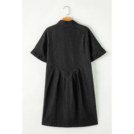 Black Frilled Short Sleeve Button Up Loose Denim Shirt Dress
