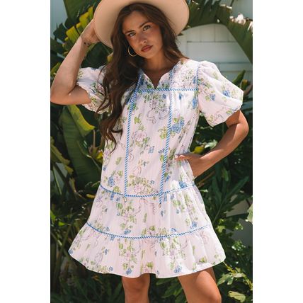 Pink Floral Striped Print Contrast Trim Tie Split Neck Mini Dress