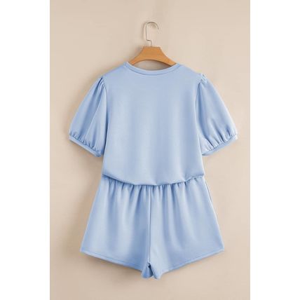 Beau Blue Puff Sleeve Pearl Embellished Scallop Trim Top 2 Piece Skort Set