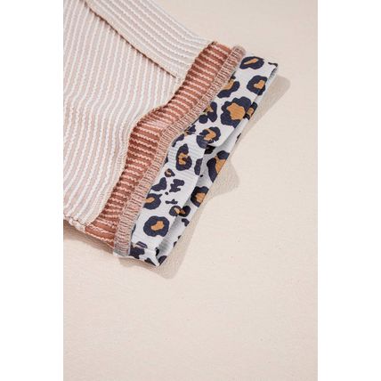 Jet Stream Leopard Patchwork Corded Knit Crew Neck T Shirt