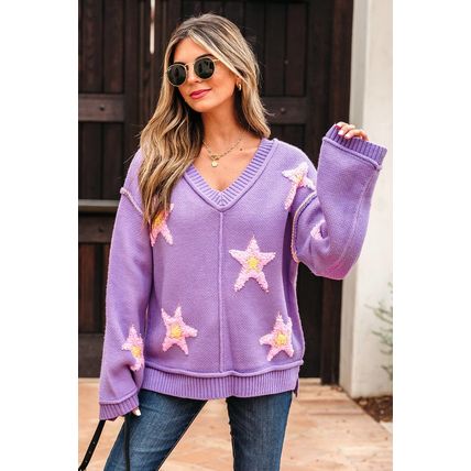 Lavendula Brushed Star Graphic V Neck Drop Shoulder Oversize Sweater