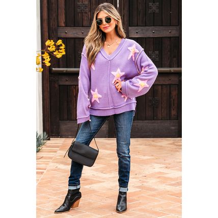 Lavendula Brushed Star Graphic V Neck Drop Shoulder Oversize Sweater
