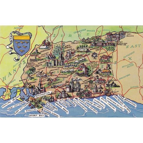 Map showing West Sussex places Sussex Postcard (SX73187)