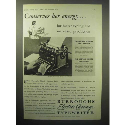 1933 Burroughs Electric Carriage Typewriter Ad - Energy