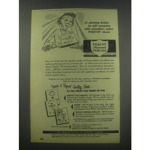1952 Pequot Percale Sheets Ad - At pleasing brides no gift competes