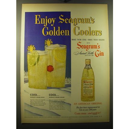 1950 Seagram's Ancient Bottle Gin Ad - Enjoy Seagram's Golden Coolers