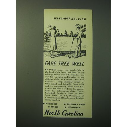 1948 North Carolina Tourism Ad - Fare thee well