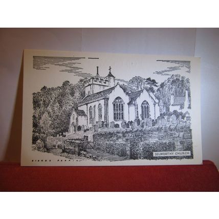 SELWORTHY CHURCH, SOMERSET. pencil by Sidney Perrin. unused vintage postcard =