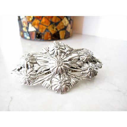 Copper plated brass or silver metal flower filigree hair clip barrette