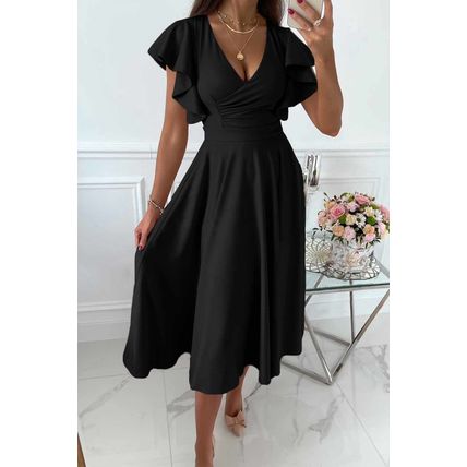 Black Ruffled Sleeve Wrap V Neck Midi Dress