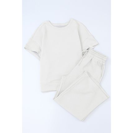 Bright White Textured Loose Fit T Shirt and Drawstring Pants Set