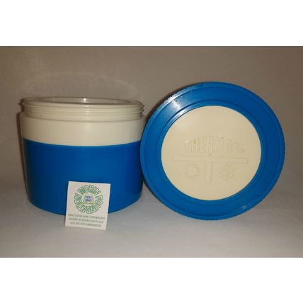 VINTAGE 1970s KING-SEELEY BLUE AND WHITE SOUP THERMOS w LID & STOPPER