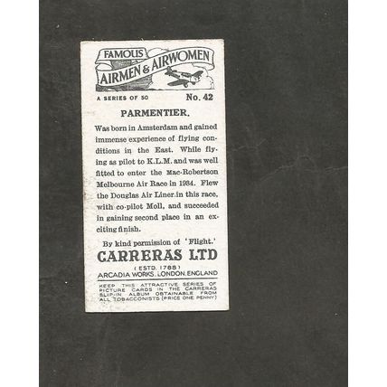 Cigarette Card Carreras Famous Airmen & Women 1936 #42 Parmentier
