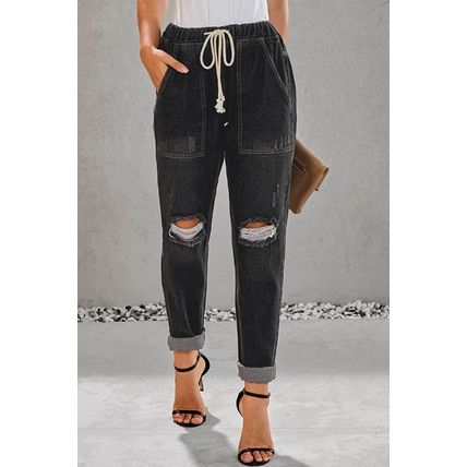 Gather Round Distressed Pocketed Denim Jogger Pants