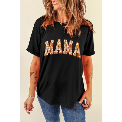 Black Flower Printed MAMA Letter Graphic T-shirt