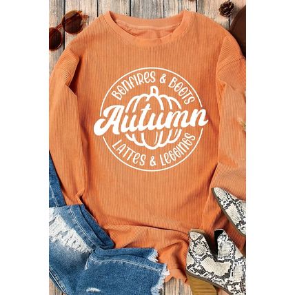 Orange Autumn Pumpkin Graphic Print Corded Oversized Sweatshirt