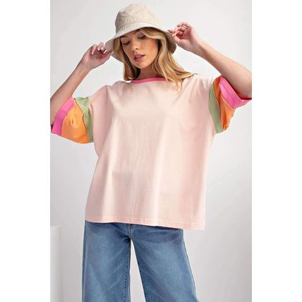 Pink Color Block Stitching Sleeve Round Neck Oversize Top
