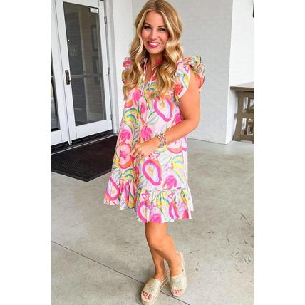 Pink Abstract Floral Ruffle Trim Flutter Sleeve Buttoned Dress